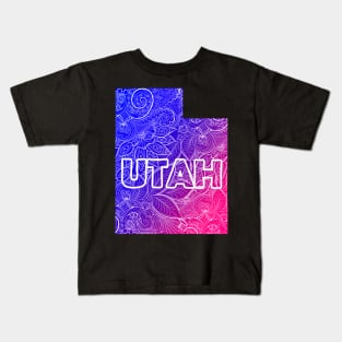 Colorful mandala art map of Utah with text in blue and violet Kids T-Shirt